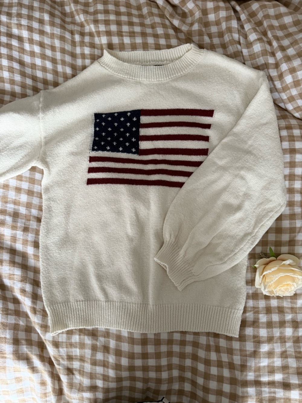 SHEIN Cream Crewneck Sweater with Flag Motif